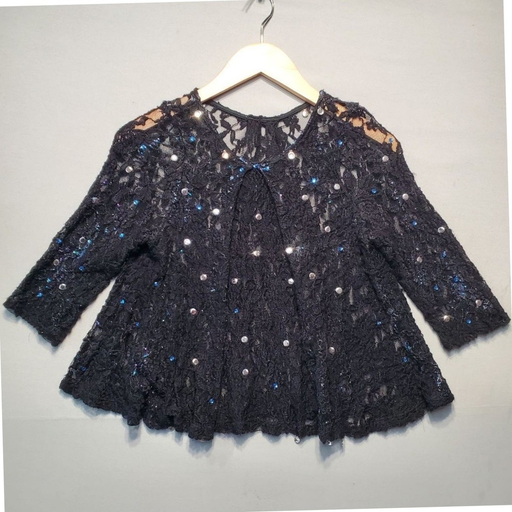 Black Lace Blouse Sheer Sequin Rhines Sparkle Layering Top Crop Swing Whimsigoth